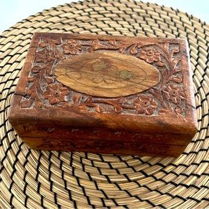 Vintage Hand Carved Wooden Box with Brass Inlay - Sheesham Indian Rosewood Box